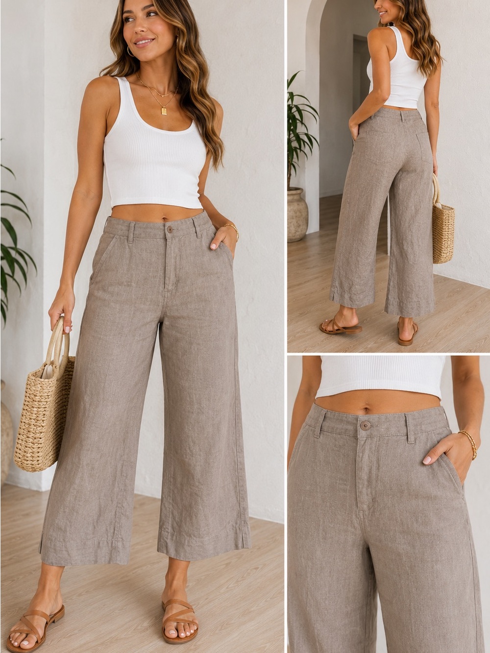 Old Navy 100% Linen Taupe Cropped Wide Leg Pants Size 10